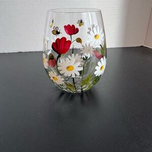 Hand-Painted Floral Stemless Wine Glass - Daisies & Red Flowers